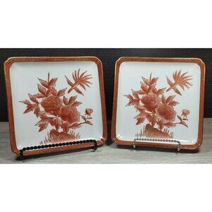 Hand Painted Red Gold Gilt Bird Floral Home Decor Porcelain Square Serving Plate